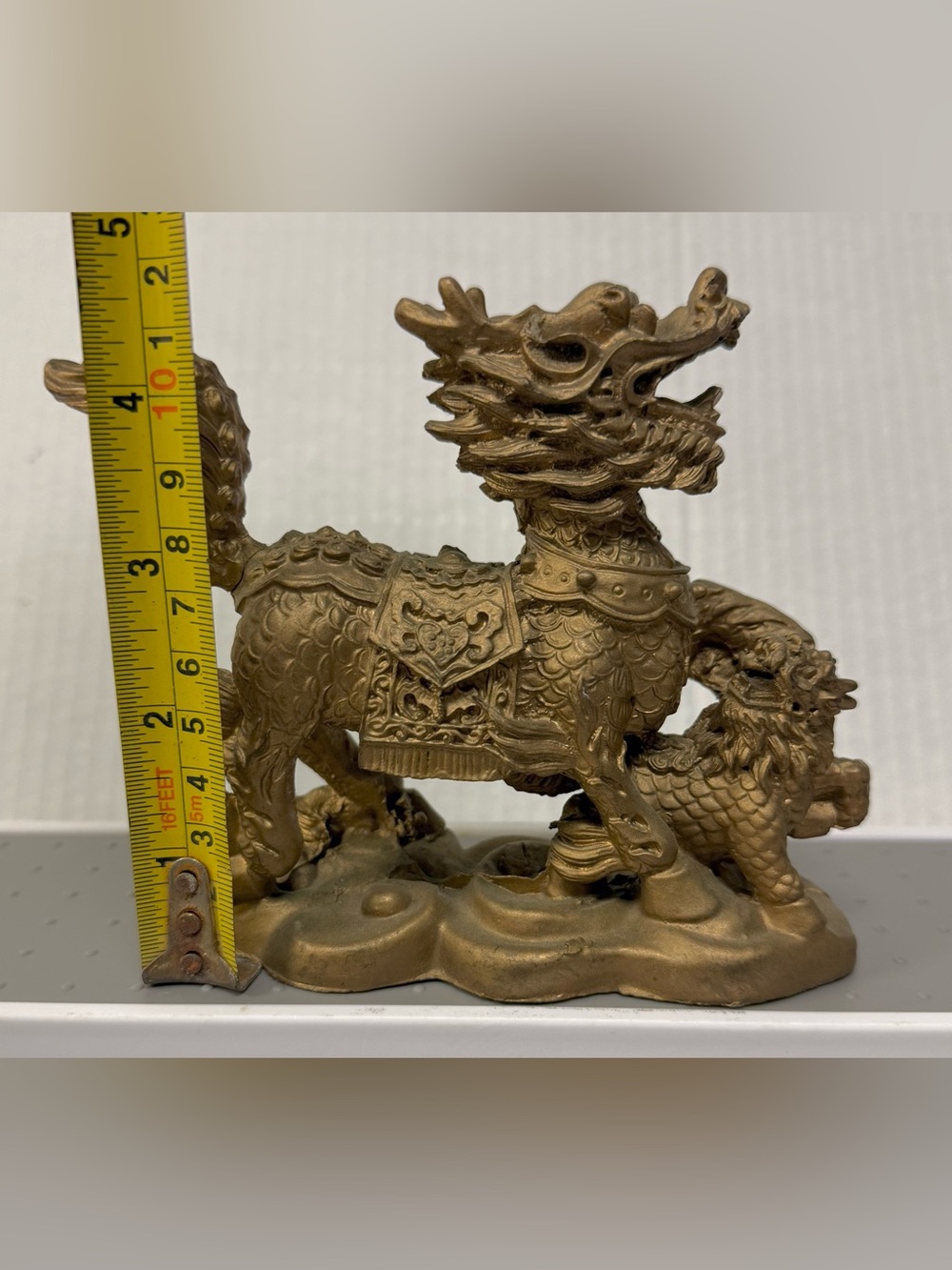 Vintage Brass Chinese Qilin Statue with Cub – Feng Shui Protector